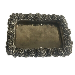 Silver Plated Tray Rectangle Trinket Jewelry Floral Roses Decor Dish Cottagecore